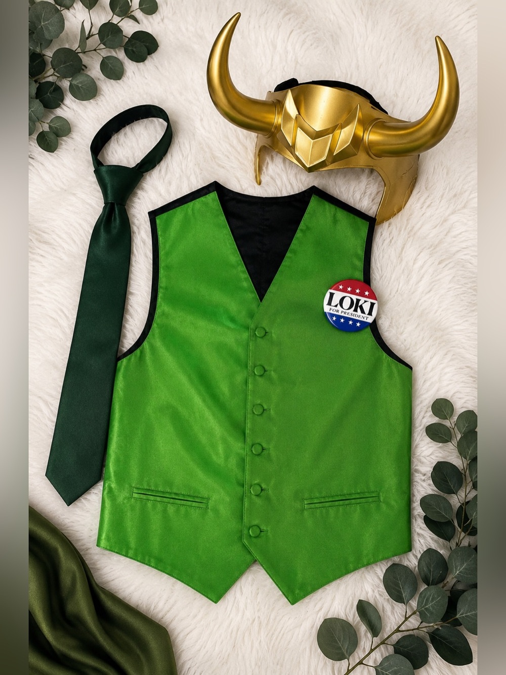 Men’s Loki Inspired Costume Green Vest Tie & Horns Set